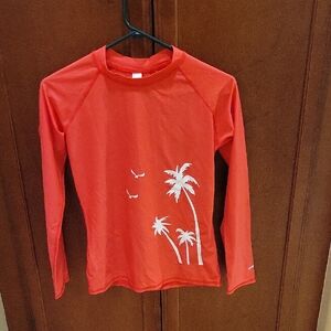Womens Red Rash Guard with Palm Tree Design